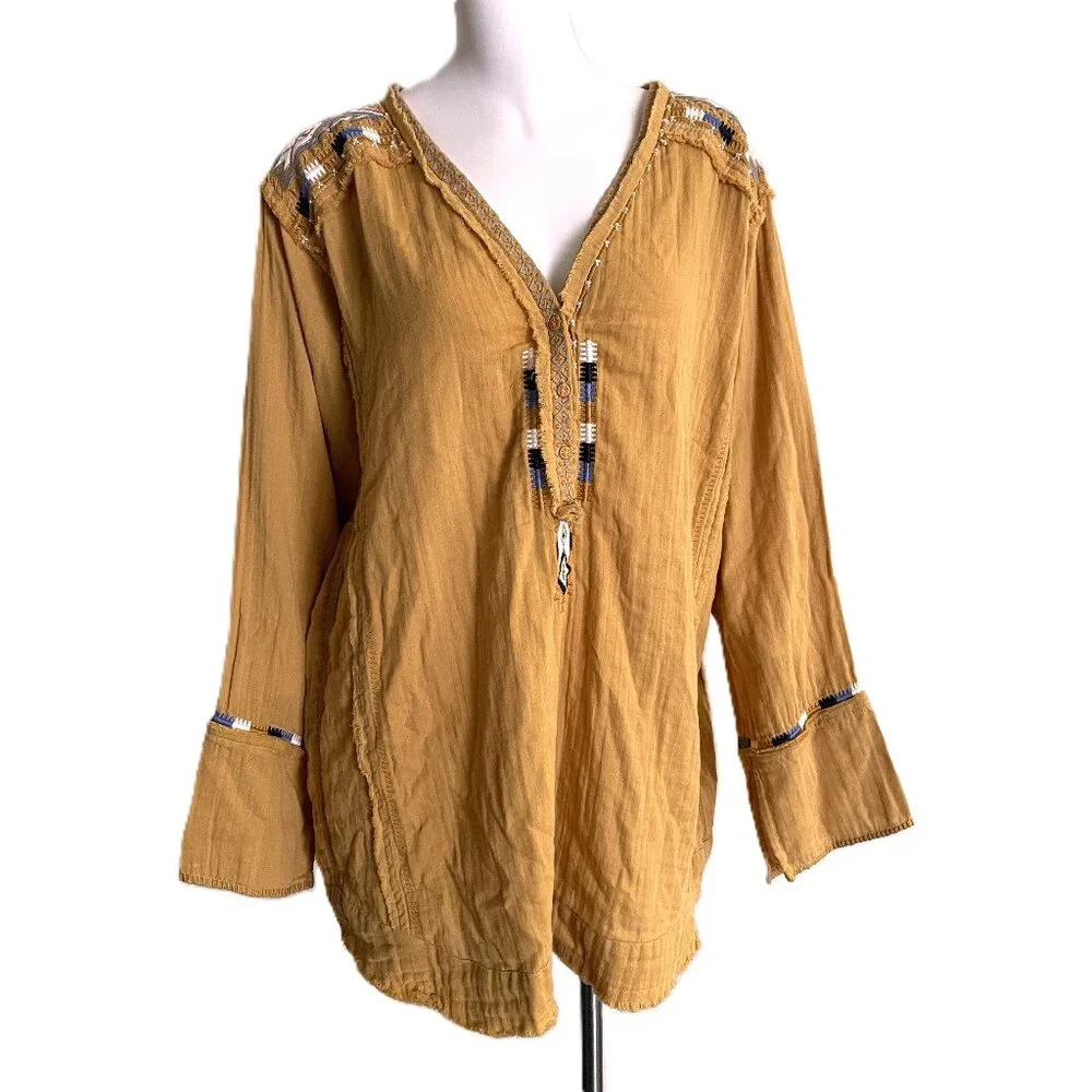 Johnny Was Mars Gauze Tunic Top Sz XL ? Gold Embroidered Aztec Beaded Frayed - Picture 1 of 16